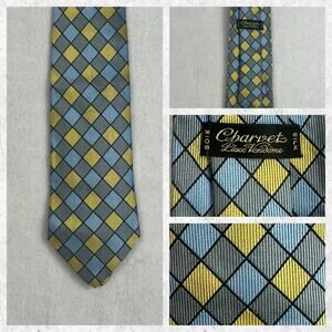 Charvet Place Vendome Silk Necktie Blue Yellow and Grey Geometric Argyle France